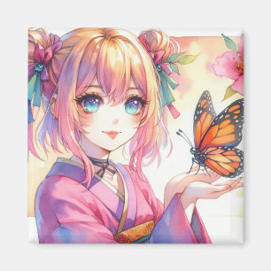 Aimant Anime Girl tenant un papillon
