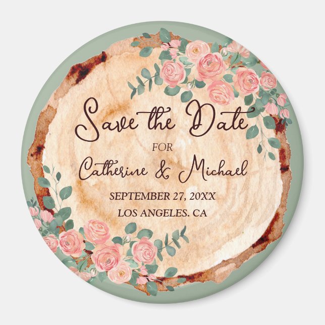 Aimant Anneaux d'écorce en bois rustique Aquarelle rose R (Devant)