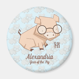 Aimant Année chinoise du cochon en bleu caricature