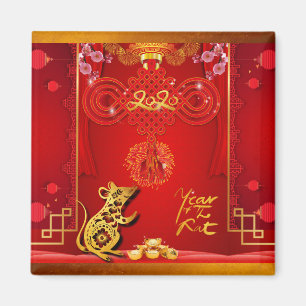 Aimant Année chinoise du rat-noeud rouge 2020 Carré