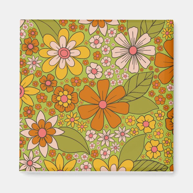 Aimant Années 1960, 1970 Vert & Orange Retro Floral (Devant)