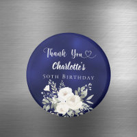 Anniversaire bleu marine fleurs blanches Merci