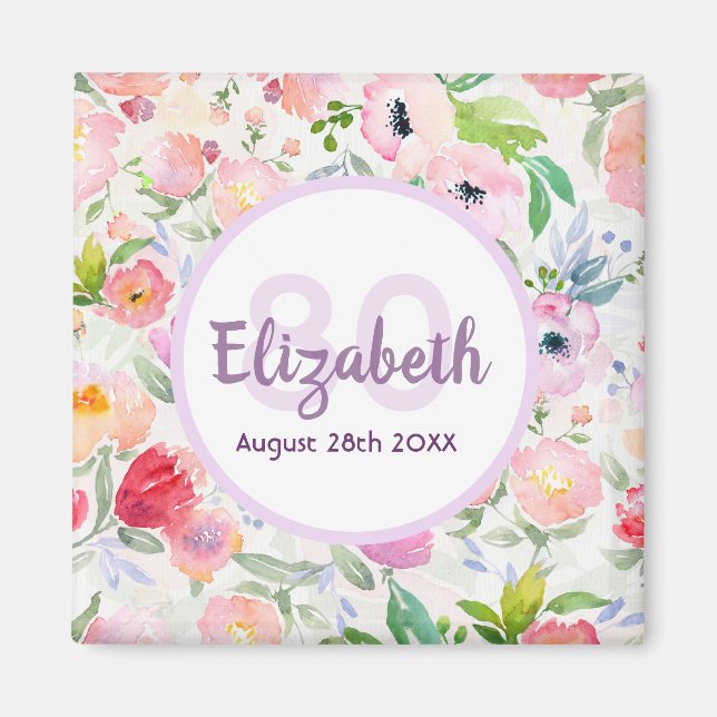 Aimant Anniversaire rose fleuron violet monogramme (Devant)