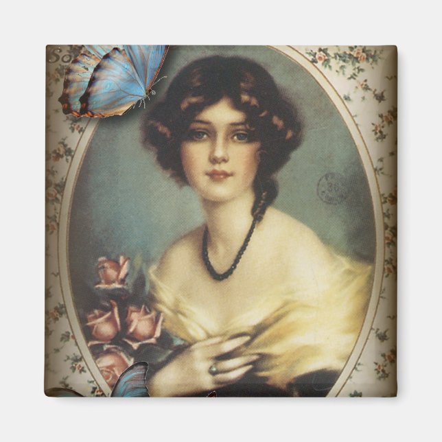 Aimant Antique papillon Floral parisien fille victorienne (Devant)