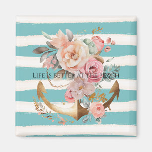 Aimant Aquarelle Aqua Beach rayures Ancres florales