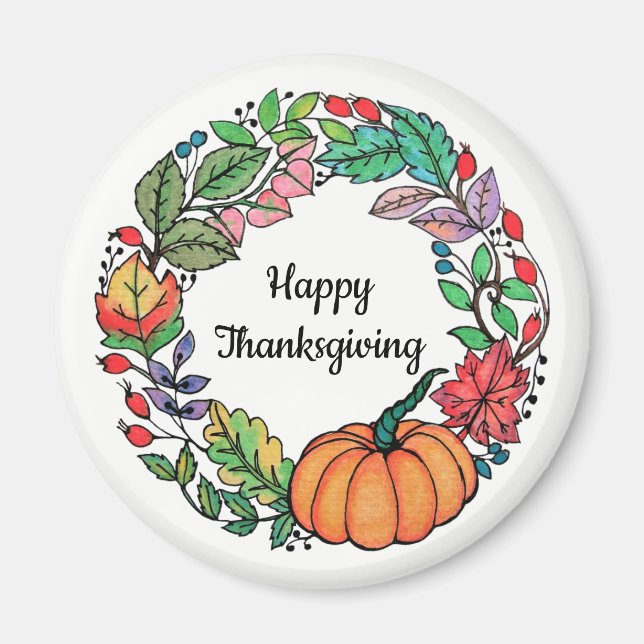 Aimant Aquarelle Belle couronne Citrouille avec feuille (Devant)