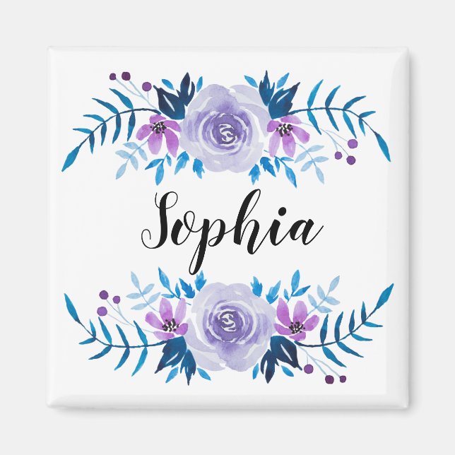 Aimant Aquarelle bleu violet couronne florale Texte perso (Devant)