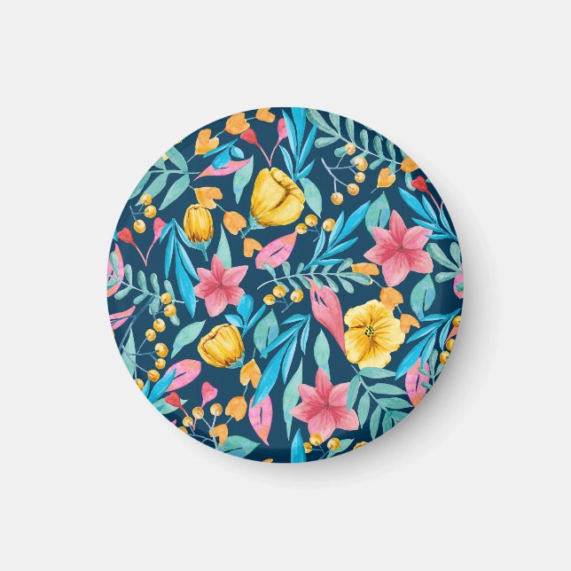 Aimant Aquarelle botanique : fleurs, ornement feuille. (Devant)