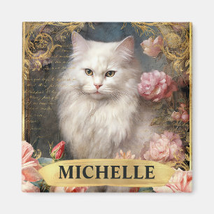 Aimant Aquarelle Chat Blanc Vintage et Roses Roses