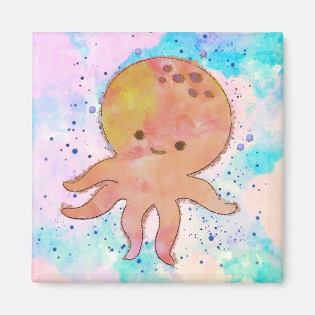 Aimant Aquarelle de caricature de poulpe mignonne (Devant)