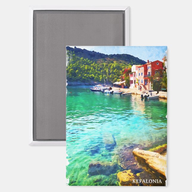 Aimant Aquarelle élégante Kefalonia Grèce Vue côtière (Recto/Verso)