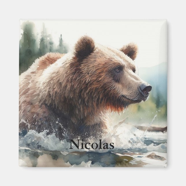 Aimant Aquarelle Grizzli Ours Faune Nature Art (Devant)