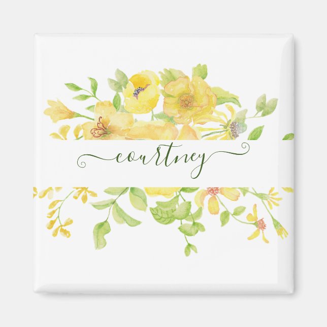 Aimant Aquarelle jaune floral personnalisé (Devant)