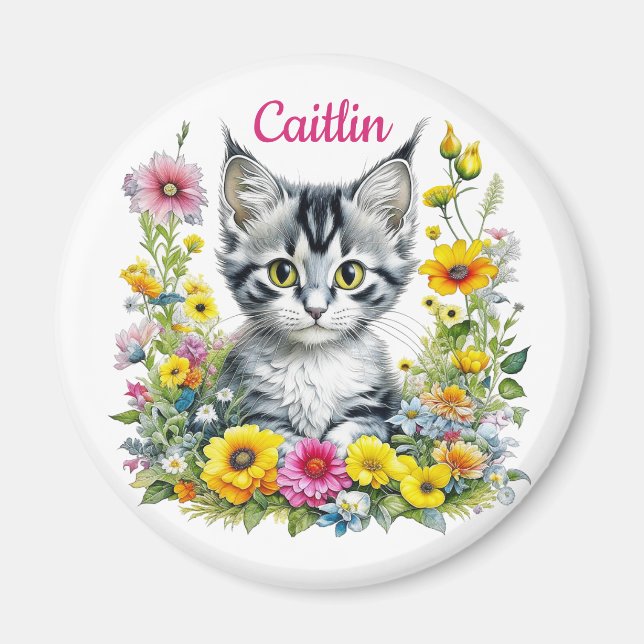 Aimant Aquarelle Kitten en Fleurs Jaunes Personnalisé (Devant)