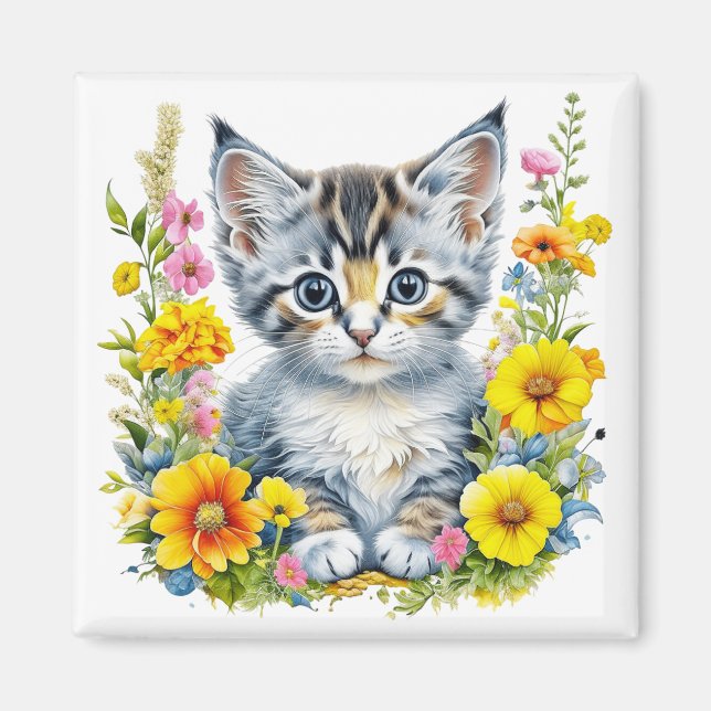 Aimant Aquarelle Kitten Fleurs (Devant)