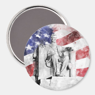 Aimant Aquarelle Lincoln Memorial avec drapeau américain