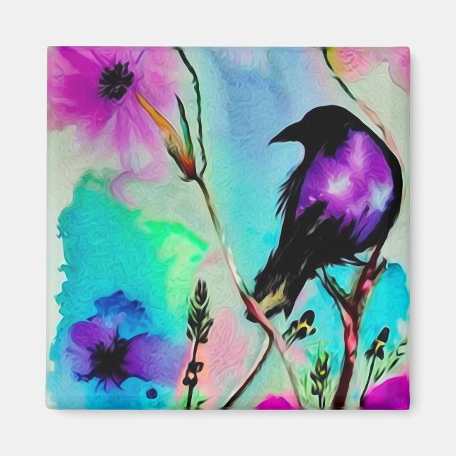 Aimant Aquarelle Oiseau Violet & Noir (Devant)