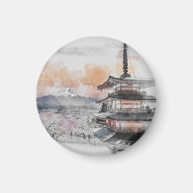 Aquarelle Pagode japonaise et voyage au Mt. Fuji