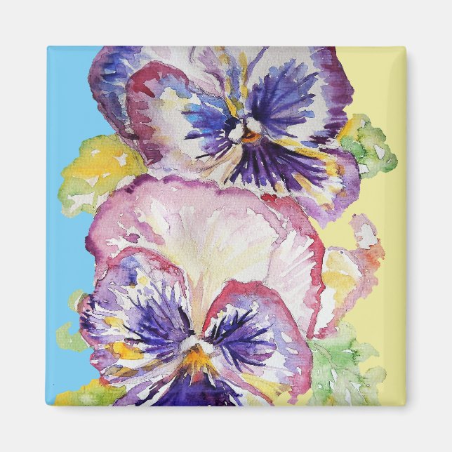 Aimant Aquarelle Pansy Motif sur rose et jaune pâle (Devant)