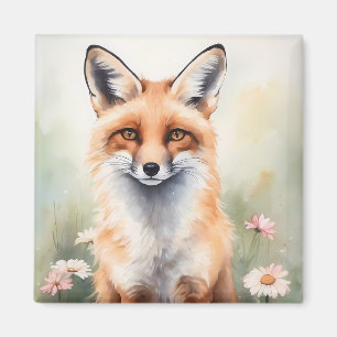 Aimant Aquarelle Peinture Fox avec Fleurs marguerites