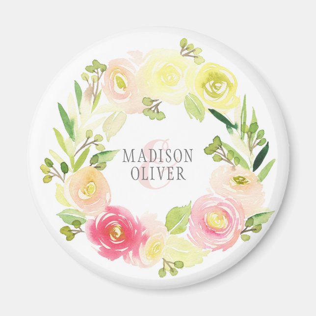 Aimant Aquarelle rose et jaune couronne florale | MARIAGE (Devant)