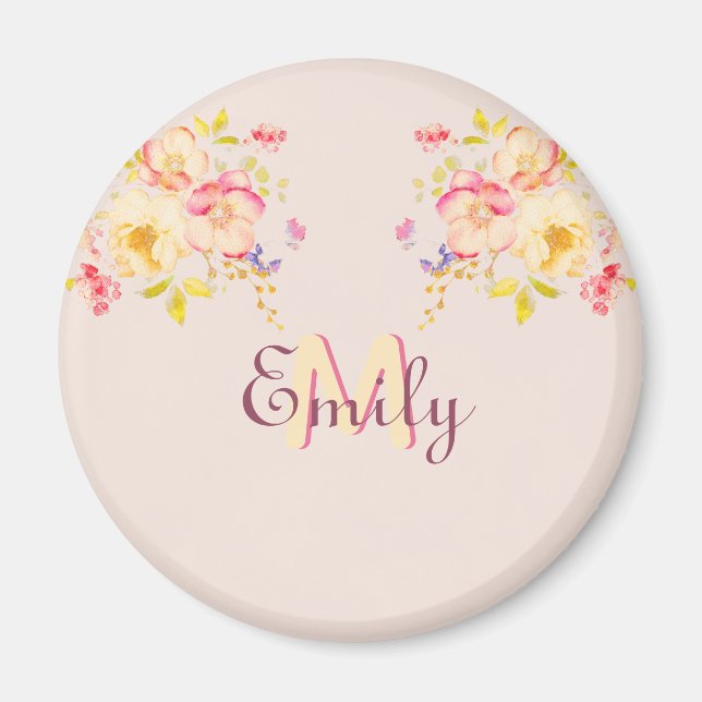 Aimant Aquarelle Roses Jaunes Rose, Monogramme (Devant)