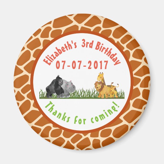 Aimant Aquarelle Safari Jungle Animaux Anniversaire Merci (Devant)