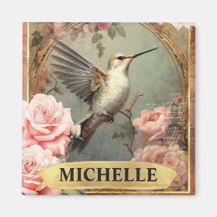 Aimant Aquarelle Vintage Colibri Blanc & Roses Roses Pink