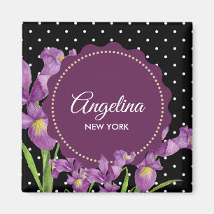 Aimant Aquarelle violet Iris noir blanc Pois