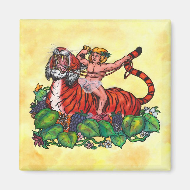 Aimant Aquarelle Young Bacchus souriant à bord d'un tigre (Devant)