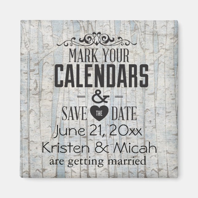 Aimant Arbres à bouleau blanc Sauvez la date (Devant)