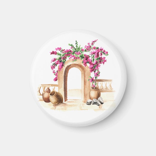 Aimant Architecture méditerranéenne, fleurs, aquarelle, h (Devant)