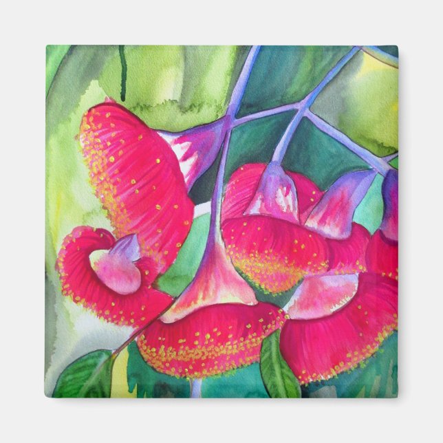 Aimant Art de l'aquarelle des Gumnoix à fleurs rouges aus (Devant)