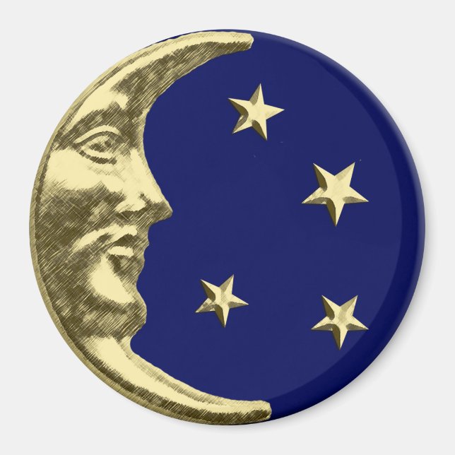 Aimant Art Déco Lune et Etoiles - Marine Bleu et Or (Devant)
