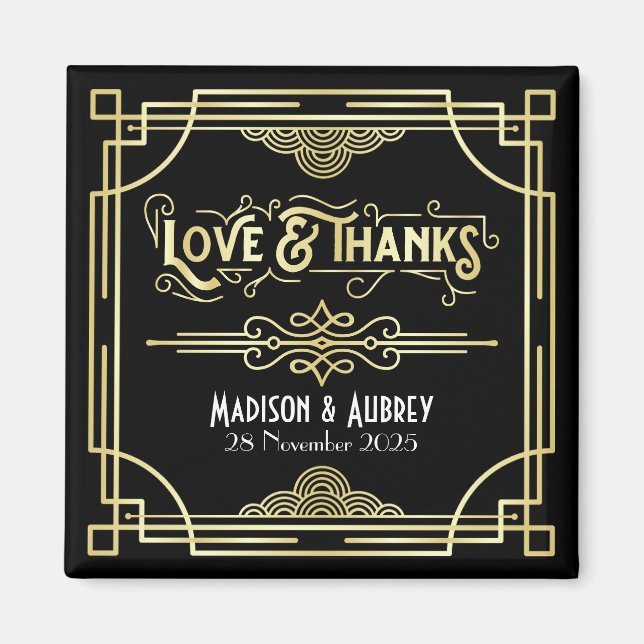 Aimant Art Déco Mariage Amour & Merci Gold Black Faveur (Devant)