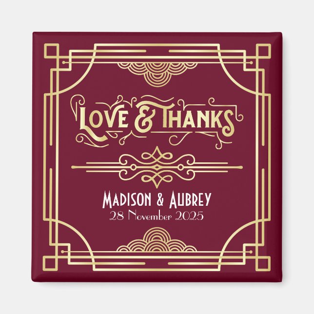 Aimant Art Déco Mariage Amour & Merci Gold Burgundy Favor (Devant)