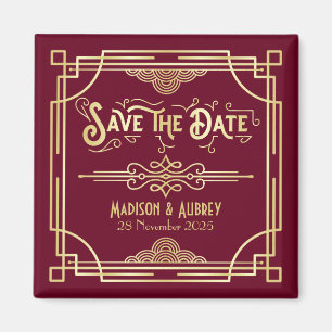 Aimant Art Déco Mariage Gold Burgundy Sauvez la date