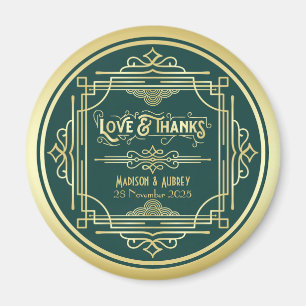 Aimant Art Déco Mariage Love & Merci Gold Green Faveur