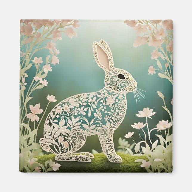 Aimant Art du printemps du lapin à fleurs blanches (Devant)