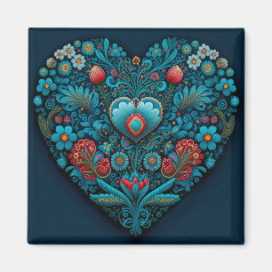 Aimant Art populaire ukrainien - Coeur inspiré en bleu