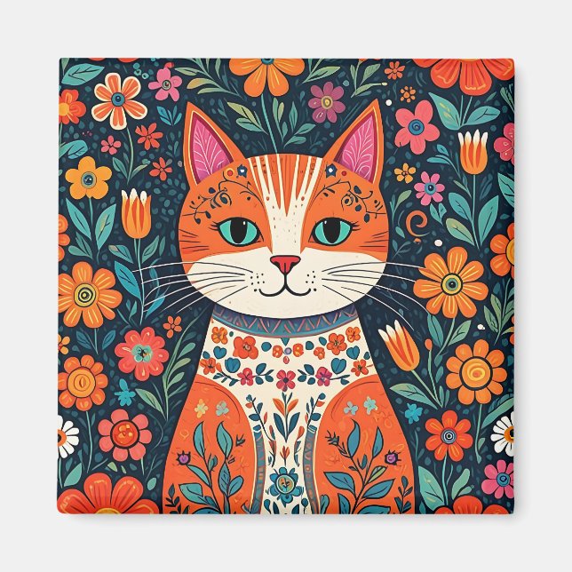 Aimant Art populaire Whimsical Chat et Fleurs (Devant)