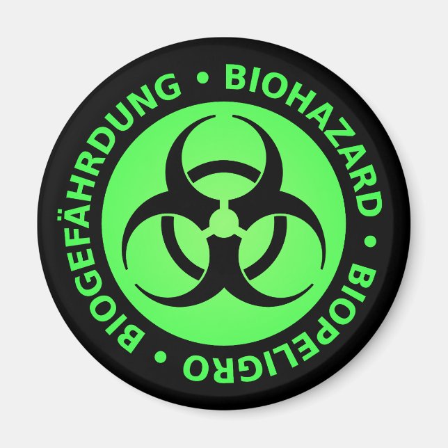Aimant Avertissement de risque biologique trilingue vert (Devant)
