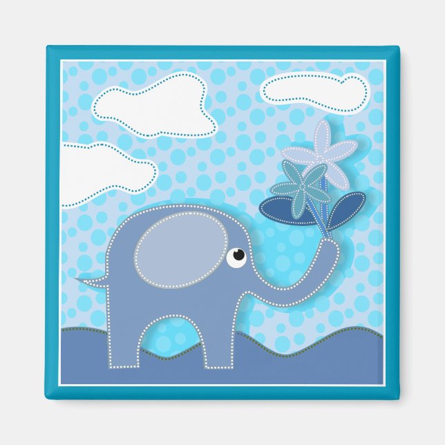 Aimant Baby Blue Elephant and Flowers (Devant)