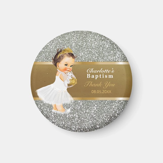 Aimant Baby Girl Baptism Merci Keepsaké | Gold Silver (Devant)