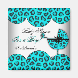 Aimant Baby Shower Bébé Garçon Léopard Bleu Poussette