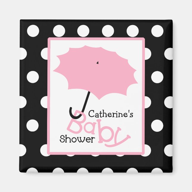 Aimant Baby shower parapluie rose - Pois blancs (Devant)