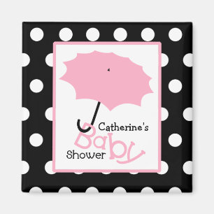 Aimant Baby shower rose de parapluie - pois blanc