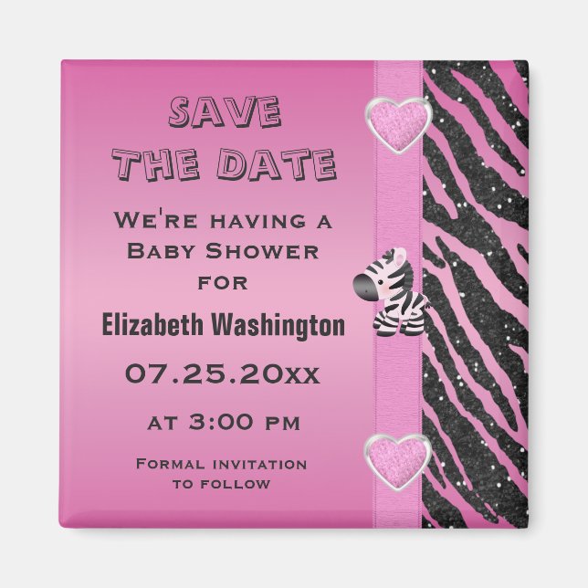 Aimant Baby shower Zebra & Hearts Enregistrer la date (Devant)