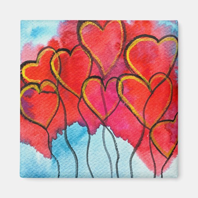 Aimant Ballons de coeur rouge Valentine aquarelle (Devant)