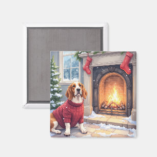 Aimant Basset Hound à la cheminée cosy Noël aquarelle